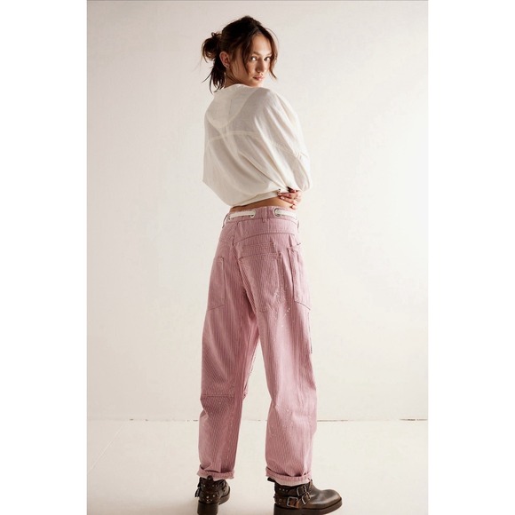 Free People Dried Rose Pink Railroad Striped Moxie Barrel Jeans Size 30‎ NWOT - Picture 2 of 4